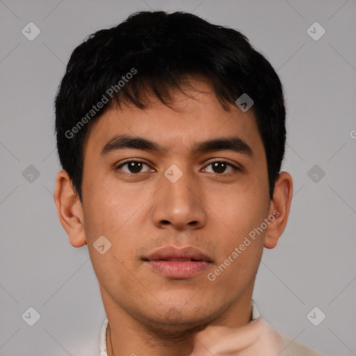 Neutral asian young-adult male with short  brown hair and brown eyes