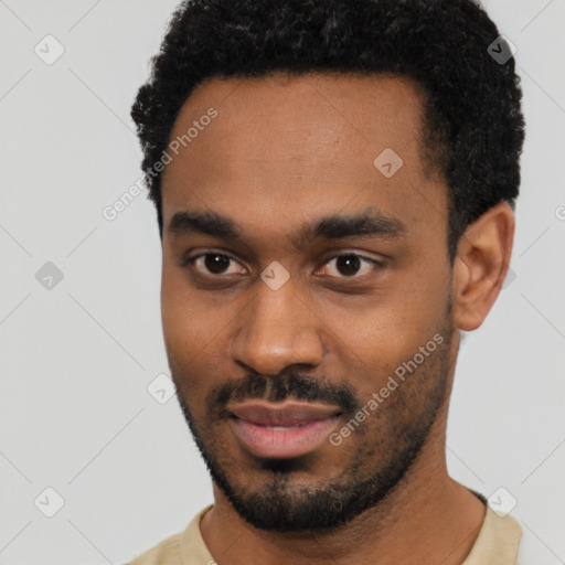 Joyful black young-adult male with short  black hair and brown eyes