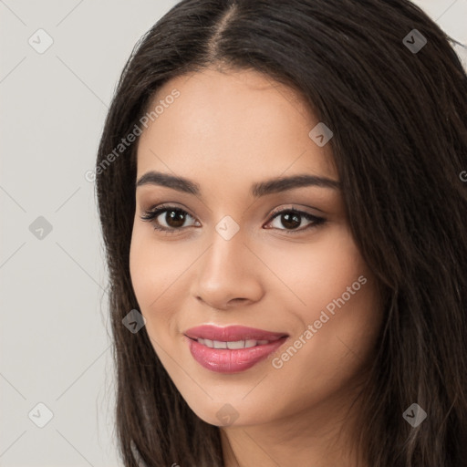 Joyful white young-adult female with long  black hair and brown eyes