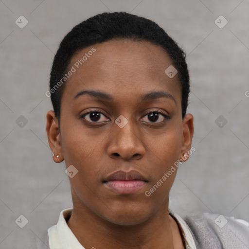 Neutral black young-adult female with short  black hair and brown eyes