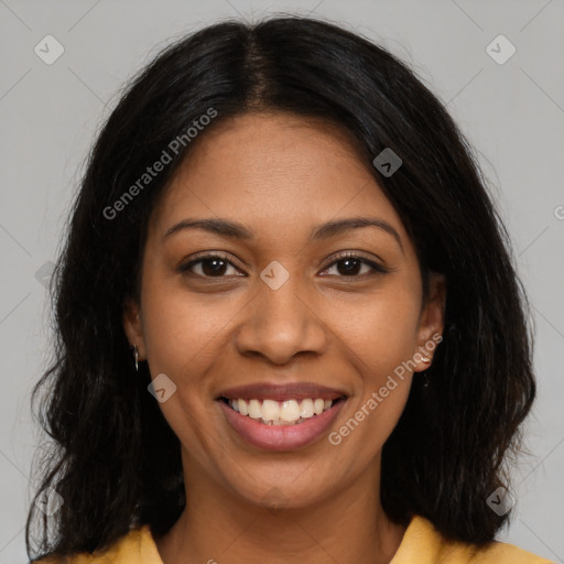 Joyful latino young-adult female with long  brown hair and brown eyes