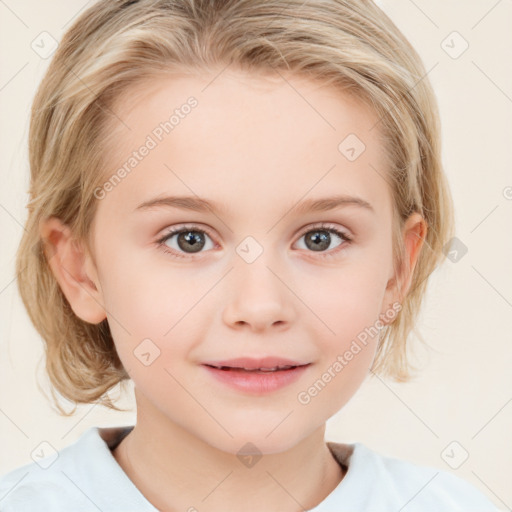 Joyful white child female with medium  brown hair and blue eyes