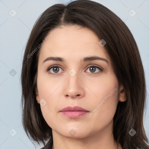 Neutral white young-adult female with medium  brown hair and brown eyes