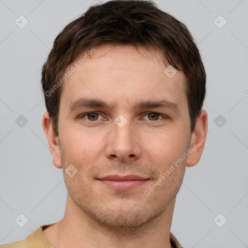 Neutral white young-adult male with short  brown hair and grey eyes