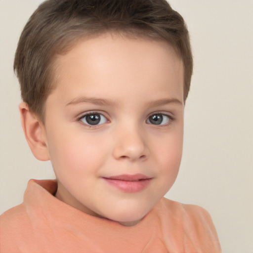 Joyful white child female with short  brown hair and brown eyes