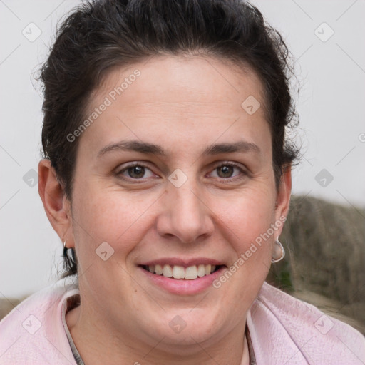 Joyful white adult female with short  brown hair and brown eyes