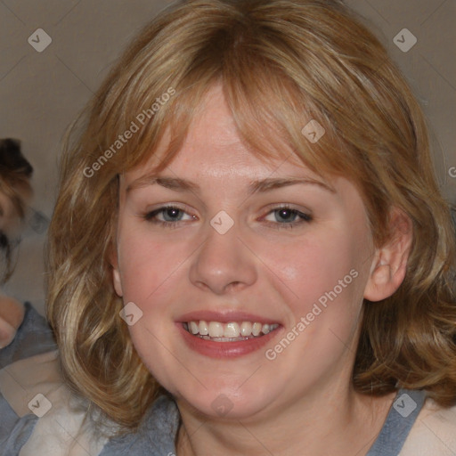 Joyful white young-adult female with medium  brown hair and blue eyes