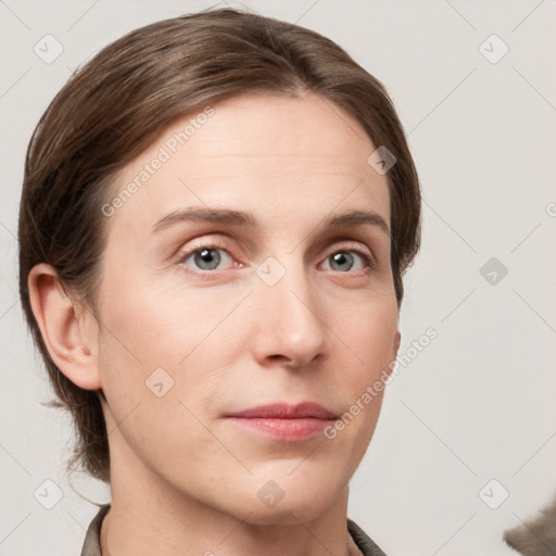 Neutral white young-adult female with medium  brown hair and grey eyes