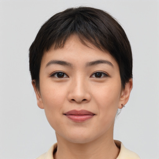 Joyful asian young-adult female with short  brown hair and brown eyes