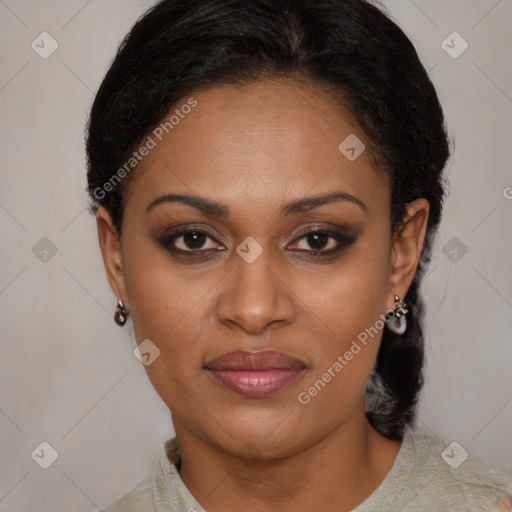 Joyful black young-adult female with medium  black hair and brown eyes