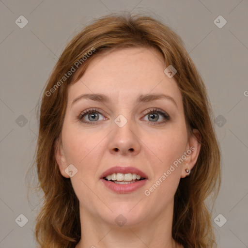 Joyful white young-adult female with medium  brown hair and blue eyes