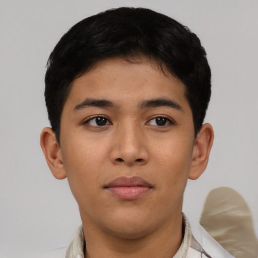 Neutral asian young-adult male with short  black hair and brown eyes