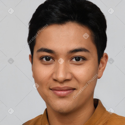 Joyful latino young-adult female with short  black hair and brown eyes