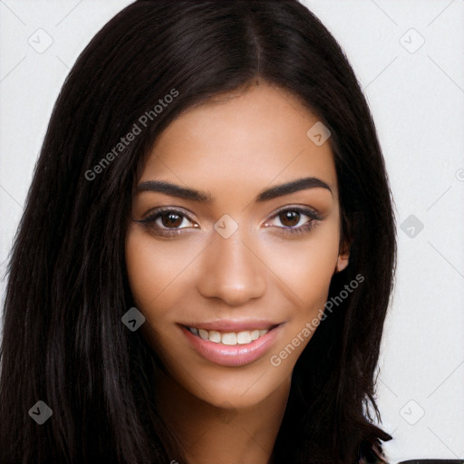 Joyful latino young-adult female with long  brown hair and brown eyes