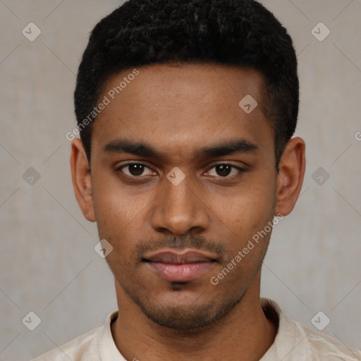 Neutral latino young-adult male with short  black hair and brown eyes
