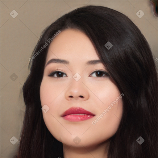 Neutral asian young-adult female with long  black hair and brown eyes