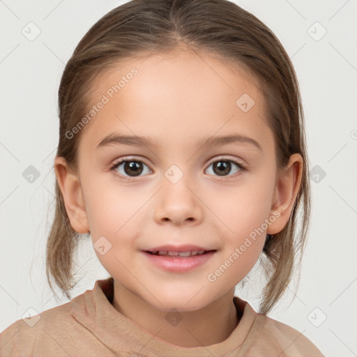 Joyful white child female with medium  brown hair and brown eyes