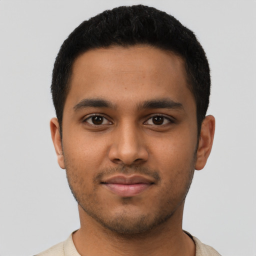 Neutral latino young-adult male with short  black hair and brown eyes