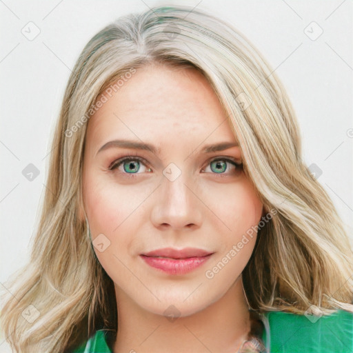 Joyful white young-adult female with long  brown hair and blue eyes