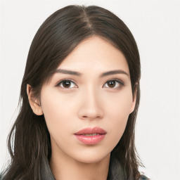 Neutral asian young-adult female with long  brown hair and brown eyes