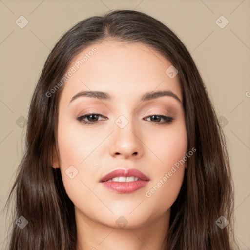 Neutral white young-adult female with long  brown hair and brown eyes