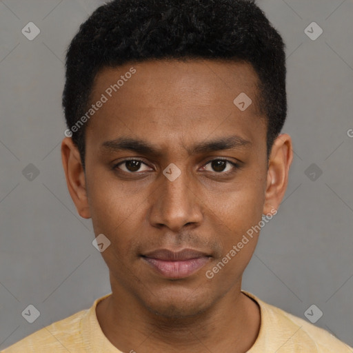 Neutral latino young-adult male with short  black hair and brown eyes