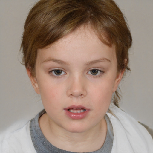 Neutral white child female with medium  brown hair and blue eyes