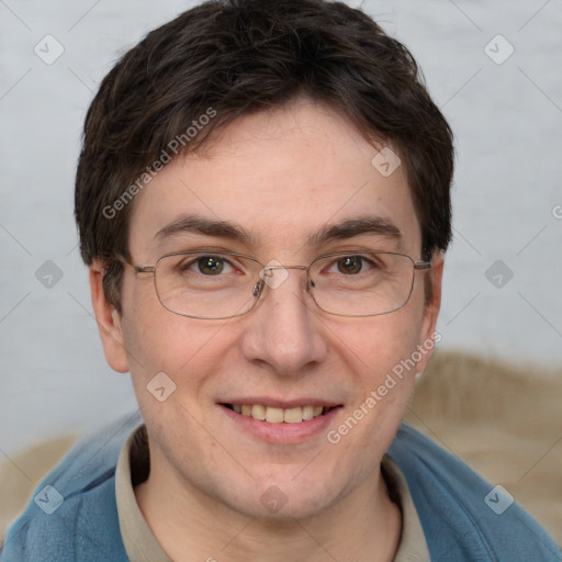 Joyful white adult male with short  brown hair and grey eyes