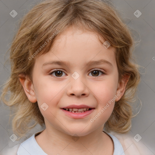 Joyful white child female with medium  brown hair and brown eyes