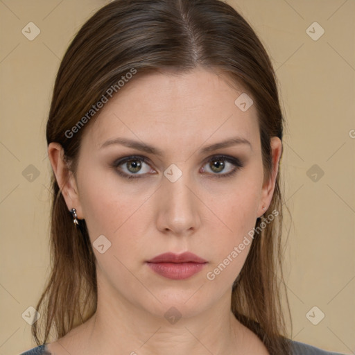 Neutral white young-adult female with medium  brown hair and brown eyes