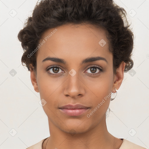 Neutral white young-adult female with short  brown hair and brown eyes