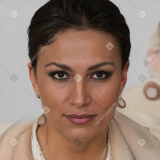 Joyful latino young-adult female with short  brown hair and brown eyes