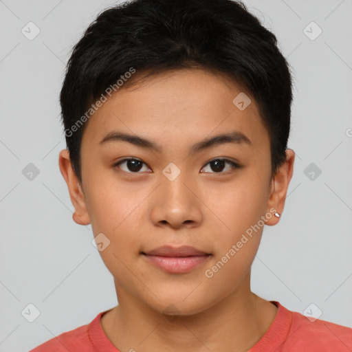 Neutral asian young-adult female with short  brown hair and brown eyes