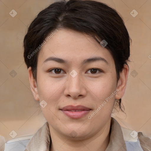 Joyful white young-adult female with medium  brown hair and brown eyes