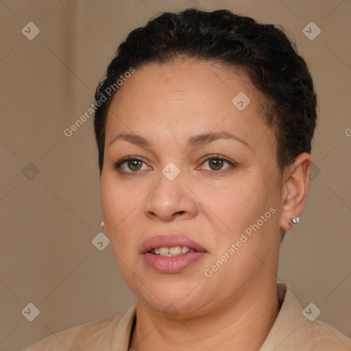 Joyful white adult female with short  brown hair and brown eyes