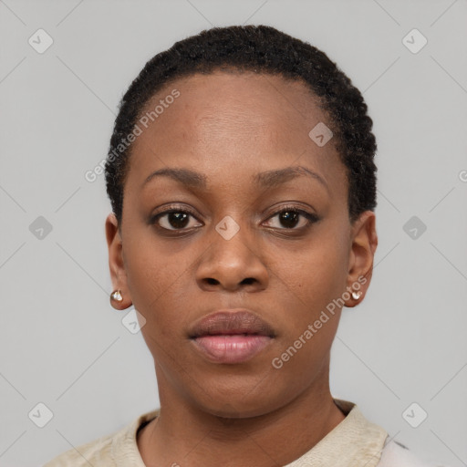 Neutral black young-adult female with short  black hair and brown eyes