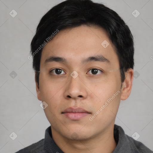 Neutral asian young-adult male with short  black hair and brown eyes