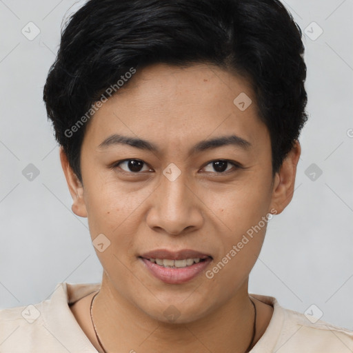 Joyful latino young-adult female with short  brown hair and brown eyes
