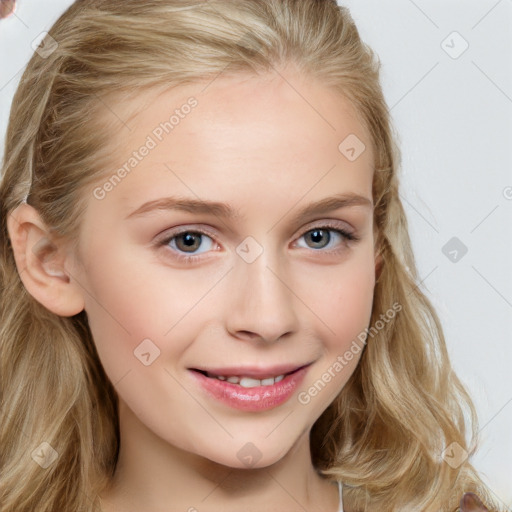 Joyful white young-adult female with long  brown hair and blue eyes