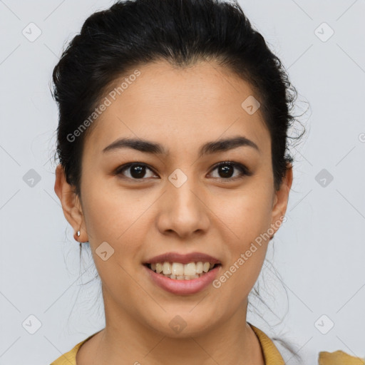 Joyful latino young-adult female with short  brown hair and brown eyes