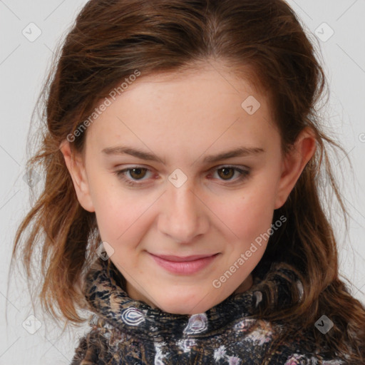 Joyful white child female with medium  brown hair and brown eyes