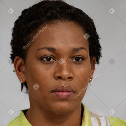 Neutral black young-adult female with short  brown hair and brown eyes