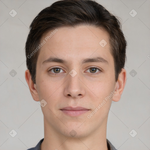 Neutral white young-adult male with short  brown hair and brown eyes