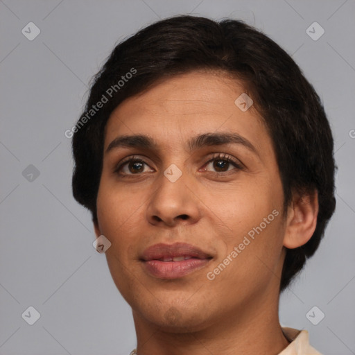 Joyful white young-adult female with short  brown hair and brown eyes