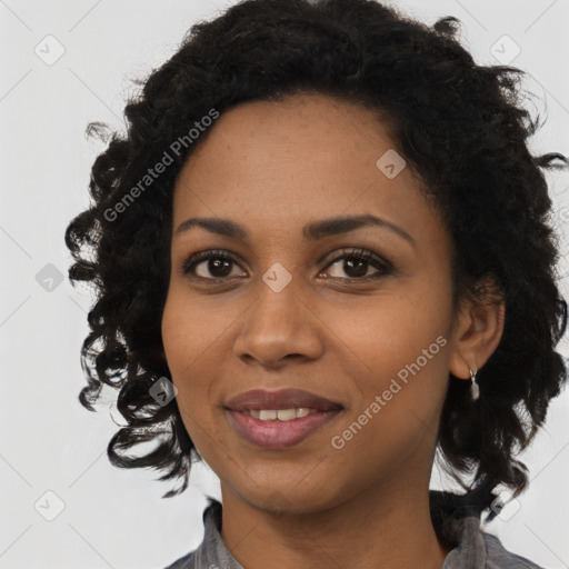 Joyful black young-adult female with medium  black hair and brown eyes