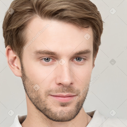 Neutral white young-adult male with short  brown hair and grey eyes