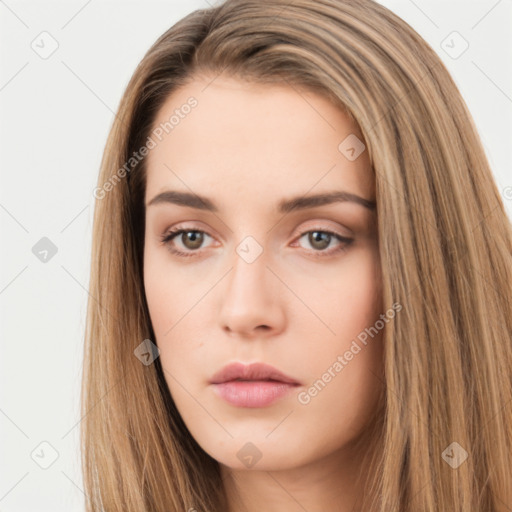 Neutral white young-adult female with long  brown hair and brown eyes