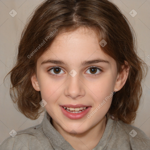 Joyful white child female with medium  brown hair and brown eyes