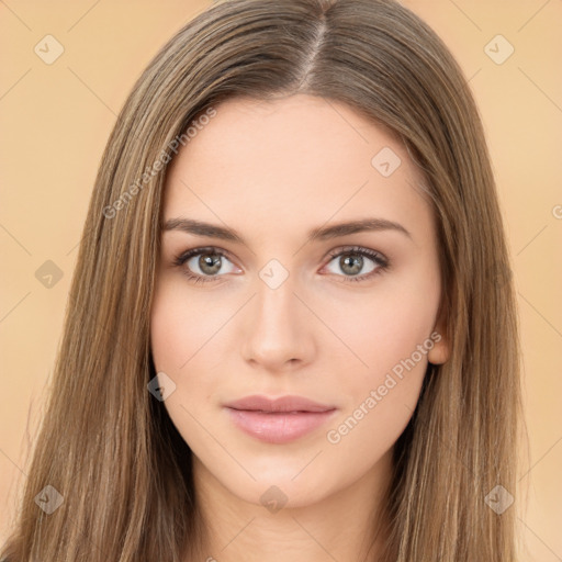 Neutral white young-adult female with long  brown hair and brown eyes