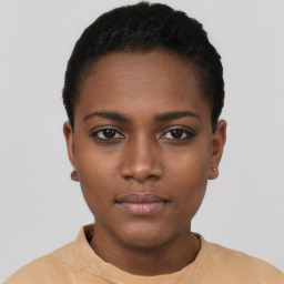 Neutral black young-adult female with short  black hair and brown eyes